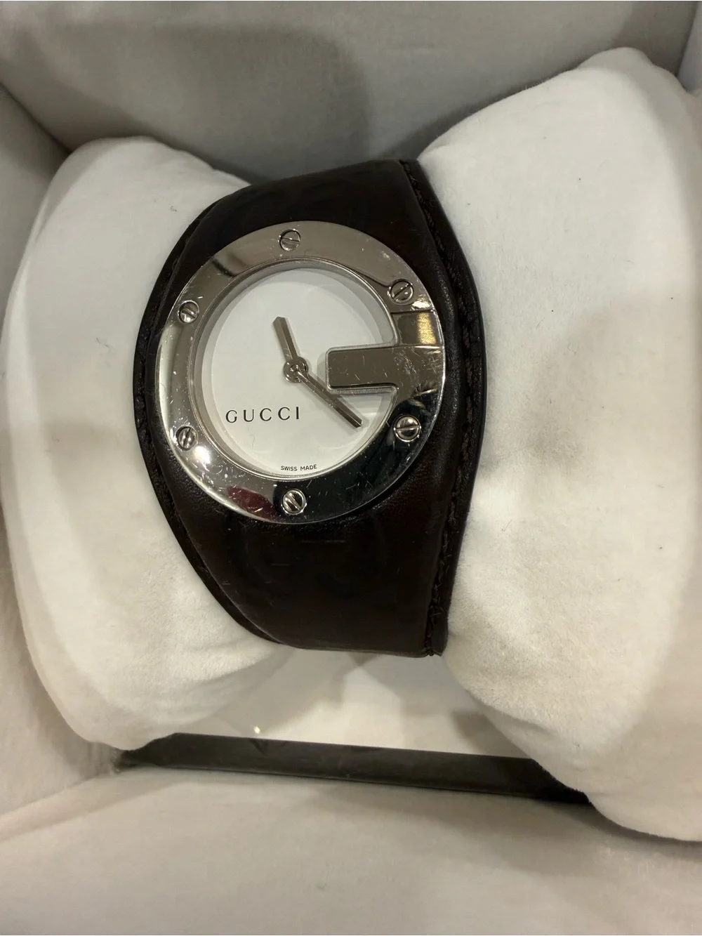 Gucci Women's Dark Brown Leather Strap Watch with Silver-Tone Bezel
